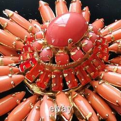 Schreiner Book Piece Faux Coral & Fire Opal Glass Cabs Gold Plated Ruffle Brooch