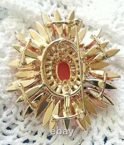 Schreiner Book Piece Faux Coral & Fire Opal Glass Cabs Gold Plated Ruffle Brooch