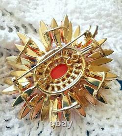 Schreiner Book Piece Faux Coral & Fire Opal Glass Cabs Gold Plated Ruffle Brooch