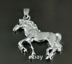 Solid Metal 14K White Gold Plated 0.40mm Blue Sapphire Mens Unique Horse Pendant