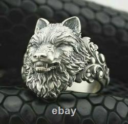 Solid Metal 14k White Gold Plated Men's 3D Wolf Face Ring 925 Sterling Silver