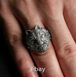 Solid Metal 14k White Gold Plated Men's 3D Wolf Face Ring 925 Sterling Silver