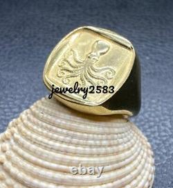 Solid Metal Men's Custom Octopus Charm Ring 14k Yellow Gold Plated Silver