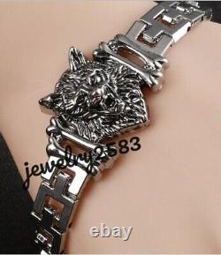Solid Metal Men's Wolf Head 8 Charm Bracelet 14k White Gold Plated Silver
