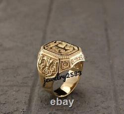 Solid Metal Mens Custom Floral Initial Letter Ring 14k Yellow Gold Plated Silver