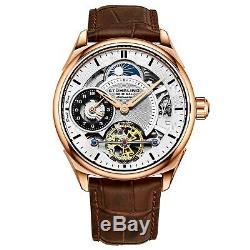 Stuhrling Men's Skeleton Dual Time Rose Gold Plated AM PM Leather Strap Watch