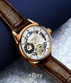 Stuhrling Men's Skeleton Dual Time Rose Gold Plated AM PM Leather Strap Watch