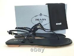 Sz. 36.5 PRADA Triangle Logo Plate Thong Sandal Blue Patent Leather Slide Shoes