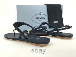 Sz. 36.5 PRADA Triangle Logo Plate Thong Sandal Blue Patent Leather Slide Shoes
