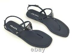 Sz. 36 PRADA Triangle Logo Plate Thong Sandal Blue Patent Leather Slide Shoes