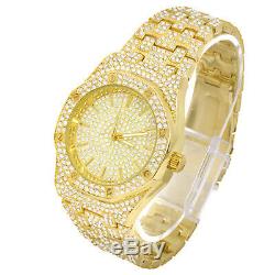 Techno Pave Bling Men's Fashion Gold Plated Iced CZ Metal Band Watches WM 8651 G