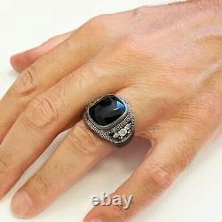 Turkish 925 Sterling Silver ring with motif stone gold-plated Onyx Mens TR&