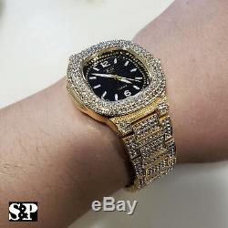 Unisex Hip Hop Gold plated Lab Diamonds Iced Luxury Metal Band Bling Watch
