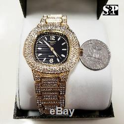 Unisex Hip Hop Gold plated Lab Diamonds Iced Luxury Metal Band Bling Watch