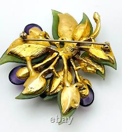 VTG SWOBODA Amethyst Jade Pearl Bouquet Brooch Gold Plated Floral Spray Pin