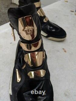 Versace Medusa Gold Plate Black Leather High-Top Sneakers Boots RARE Mens 11
