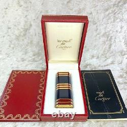 Vintage Cartier Gas Lighter Oval 18K Gold Plated Navy Bordeaux Stripes with Case