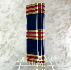 Vintage Cartier Gas Lighter Oval 18K Gold Plated Navy Bordeaux Stripes with Case