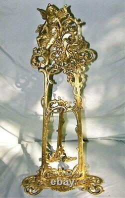 Vintage Large Antique Ornate Brass Angel Cherub Easel / Picture / Plate Stand