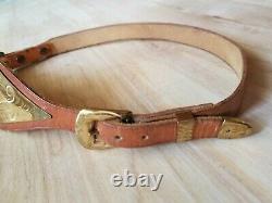 Vintage Tooled Leather Belt Double Buckle 1940s Gold Plated 28 S western