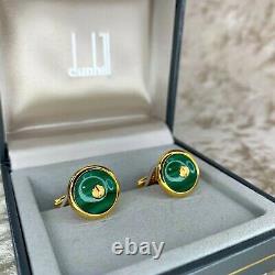 Vintage dunhill Cufflinks Gold Plated Round Green Malachite with Case