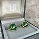 Vintage Dunhill Cufflinks Gold Plated Round Green Malachite With Case