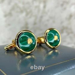 Vintage dunhill Cufflinks Gold Plated Round Green Malachite with Case