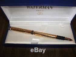 Waterman Exclusive Gold Plated Fountain Pen 18K Gold Medium Pt New In Box