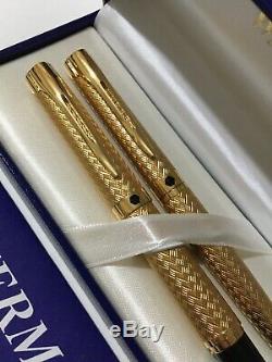 Waterman L'etalon Gold Plated Gt 18k Medium Fountain Pen & Ballpoint-boxed-nos