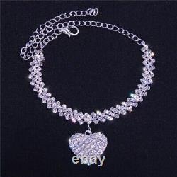 White Gold Plated 925 Silver 9 CT Cubic Zirconia Women's Pretty Heart Anklet