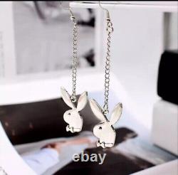 Without Diamond Playboy Bunny Rabbit Dangle Chain Earrings 14K White Gold Plated