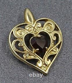 Womens Necklace Garnet & Yellow Gold Plated Heart Shaped Ladies Pendant Vintage