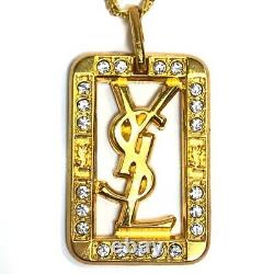YSL Yves Saint Laurent Rhinestone Cassandra Logo Plate Necklace Unisex Gold
