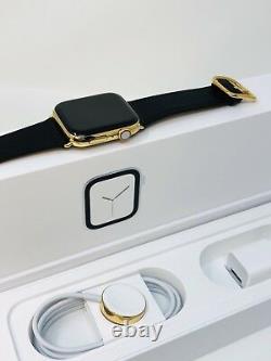 24k Gold Plaqué 44mm Apple Watch Series 5 Stainless Steel Black Leather Gps Lte