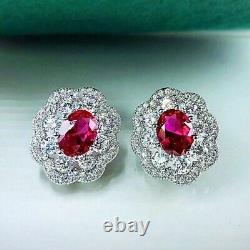 2ct Oval Cut Lab Created Red Ruby Halo Boucles D'oreilles Halo Stud 14k Plaqué Or Blanc