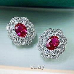2ct Oval Cut Lab Created Red Ruby Halo Boucles D'oreilles Halo Stud 14k Plaqué Or Blanc