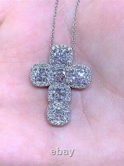 3.40ct Coupe Ronde Real Moissanite Halo Cross Pendentif 14k Blanc Or Plaqué Argent