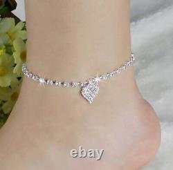 3ct Coupe Ronde Real Moissanite Femmes Coeur Charm Jambe Anklet 14k Blanc Or Plaqué