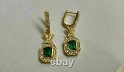 4ct Emerald Cut Lab Created Emerald Drop/dangle Boucles D'oreilles 14k Jaune Or Plaqué