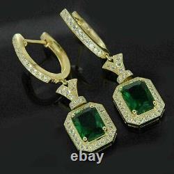 4ct Emerald Cut Lab Created Emerald Drop/dangle Boucles D'oreilles 14k Jaune Or Plaqué