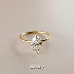 Bague de fiançailles en solitaire avec diamant Moissanite taille marquise de 2 ct, plaquée or jaune 14 carats