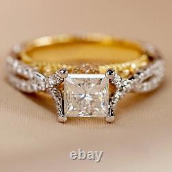 Bague de mariage en or blanc et jaune plaqué 14K avec moissanite 2Ct princesse VVS1