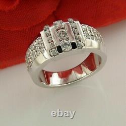 Bague de mariage pour homme en or blanc 14 carats plaqué, avec diamant simulé de coupe ronde de 3 cts