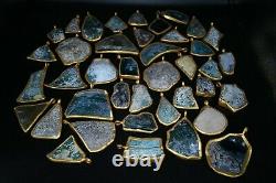 Big Lot Sale 42 Pcs Pendentifs En Verre Romain Antique Avec Des Supports En Métal Plaqué Or