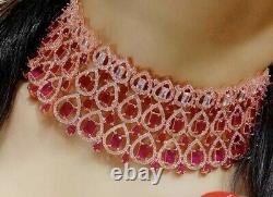 Bijoux Premium Indian Ad Stone Rouge Rose Boucles D'oreilles Plaqué Or Collier Choker