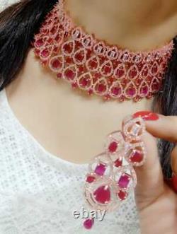 Bijoux Premium Indian Ad Stone Rouge Rose Boucles D'oreilles Plaqué Or Collier Choker