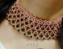 Bijoux Premium Indien Ad Pierre Vert Rose Boucles D'oreilles Plaqué Or Collier Choker