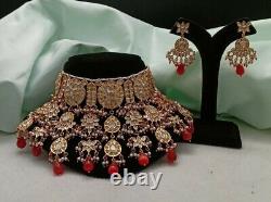 Bijoux plaqués or indiens Bollywood Kundan collier choker rouge et boucles d'oreilles ensemble