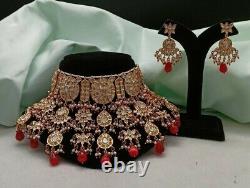 Bijoux plaqués or indiens Bollywood Kundan collier choker rouge et boucles d'oreilles ensemble