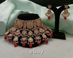 Bijoux plaqués or indiens Bollywood Kundan collier choker rouge et boucles d'oreilles ensemble